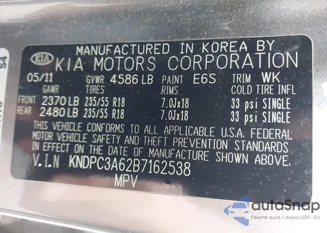 2011 Kia Sportage Sx из США, поврежденный, VIN KNDPC3A62B7162538